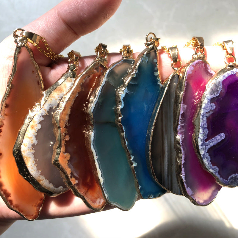 Wholesale Colorful Natural Agate Raw Stone Sliced Necklace Sweater Chain